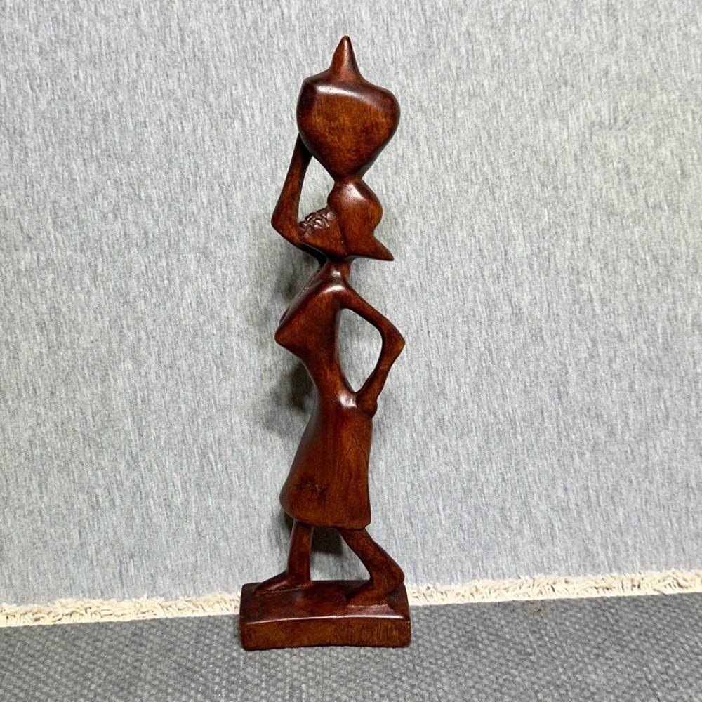 Vintage Haitian Hand Carved Wood Woman Figurine Sculpture Carrying Vessel 11in